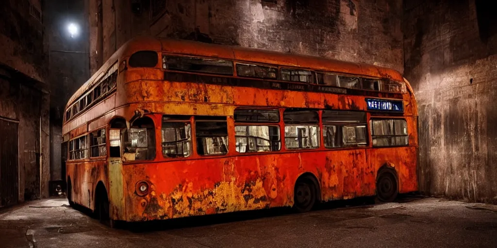 Image similar to a widescreen photo of a old rusty double - decker bus in a dark alley, low light, by steve mccurry