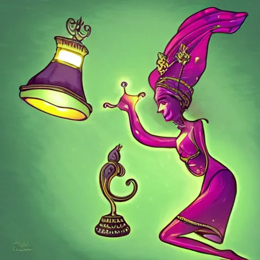 Prompt: a green frog-like genie woman rising out of a lamp, fantasy illustration