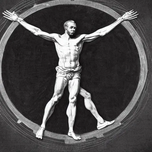 Image similar to Usain Bolt as the Vitruvian Man by leonardo da vinci, detailed, 8k, realistic, intricate blueprint in the style of Franz Xaver Winterhalter