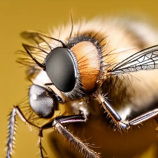 Image similar to a macro photograph of a fly with donald trump hair