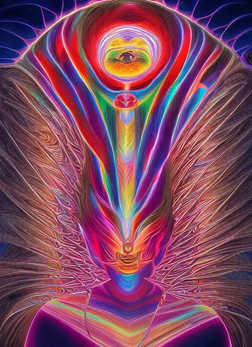 Image similar to humankind transcendence into collaborative intelligence, group intelligence, by alex grey, album cover, award winning, colorful, volumetric lighting, trending on artstation