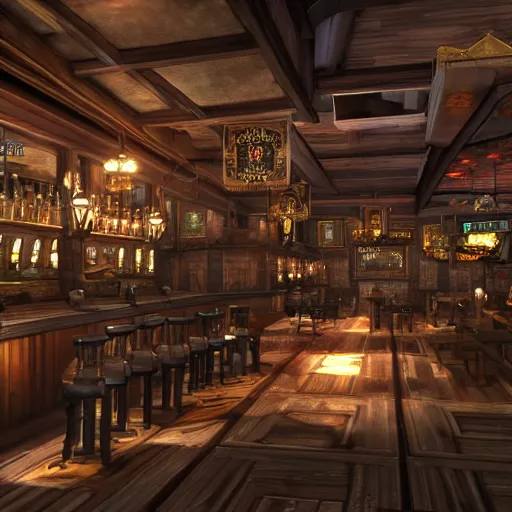 Prompt: Inside a bar in Gridania, FFXIV, high quality, warm lighting, matte painting