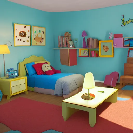 Prompt: Film still of a childrens bedroom by Pixar