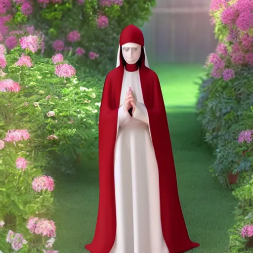 Image similar to young nun with light red long hair standing in a garden, 4k, detailed face, detailed body, detailed clothes, high details, 2d, art