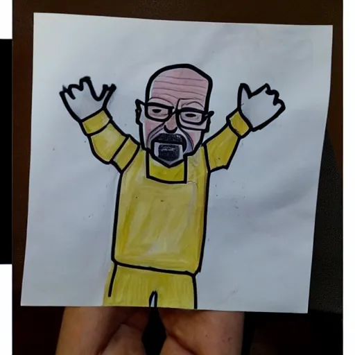 Image similar to Child's drawing of Walter White Cooking meth, simple, paper,