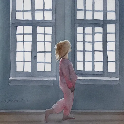 Image similar to person in pyjamas standing near window, sun rays, daylight, big french door window, big spatious room, 2 4 mm, wooden floor, modern, pastel palette, winter sun, photorealistic, high ceiling, watercolor painting