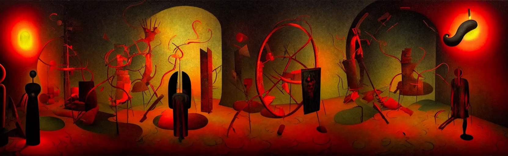 Image similar to hedonic treadmill, dark uncanny surreal painting by ronny khalil, shaun tan, and kandinsky, dramatic lighting from fire glow, mouth of hell, ixions wheel