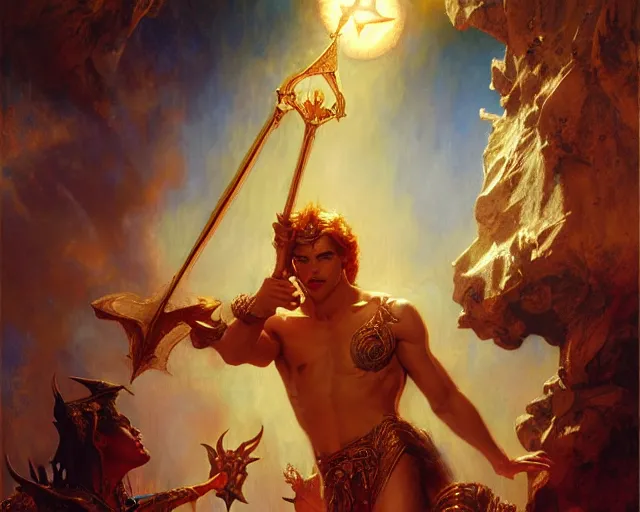 Image similar to attractive male deity, casting demonic magic, summoning handsome lucifer morning star. highly detailed painting by gaston bussiere, craig mullins, j. c. leyendecker 8 k