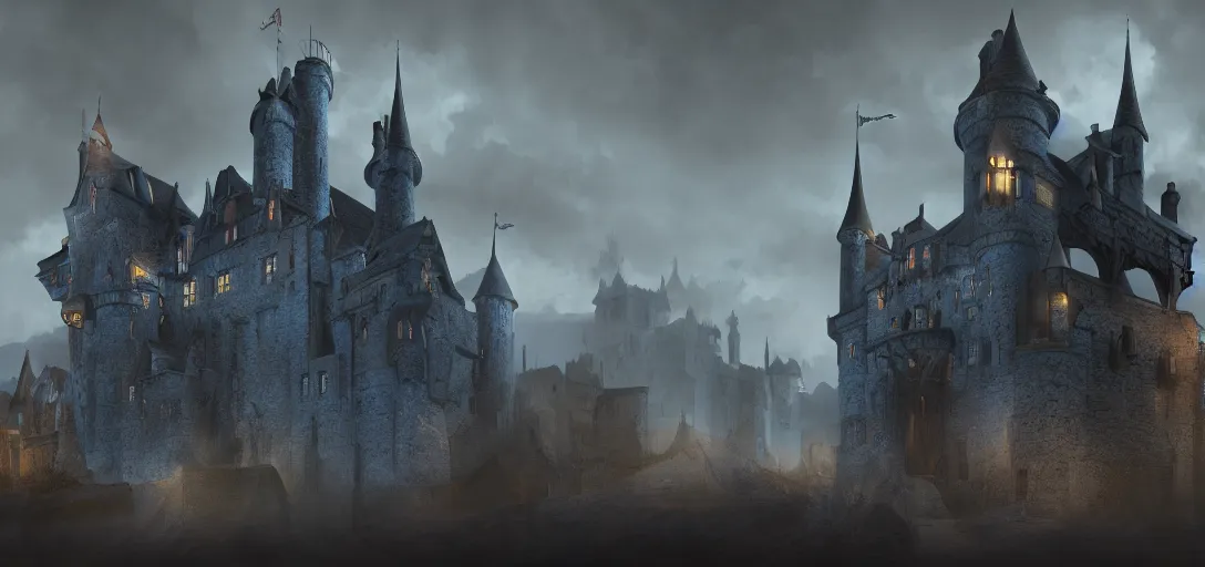 Image similar to A digital concept art painting of a dark blue medieval fantasy european ghotic castle with black brick in desert, 4K UHD image, unreal engine