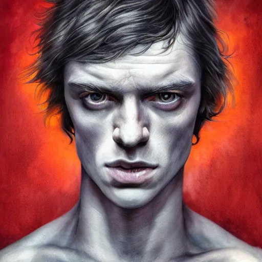 Image similar to angus young character portrait, lean face, cinematic lighting, glowing grey eyes, hyper-detailed, 4k, high resolution, in the style of Charlie Bowater, Tom Bagshaw, single face, symmetrical, headshot photograph, insanely detailed and intricate, beautiful, elegant, watercolor, cinematic, portrait, Raphaelite, headroom, Pierre-Auguste Renoir