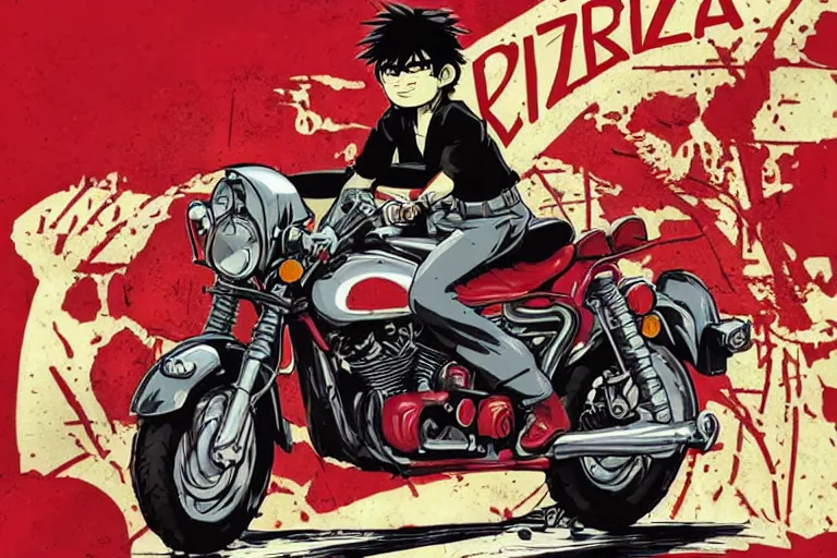 Image similar to pizza, akira's motorcycle, gorillaz, poster, high quality