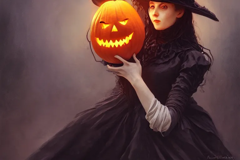 Image similar to portrait of a ghoulish victorian witch holding a jack - o - lantern, halloween night, charlie bowater, artgerm, ilya kuvshinov, krenz cushart, ruan jia, realism, ultra detailed, 8 k resolution