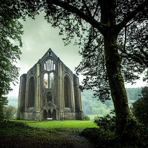 Prompt: Tintern abbey in the style of the upside down in Stranger Things