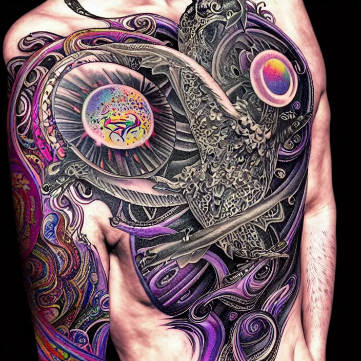 Prompt: extremely psychedelic tattoo design made of cressent moon and black bird, LSD tattoo design, diffuse lighting, fantasy, intricate, elegant, highly detailed, lifelike, photorealistic, digital painting, artstation, illustration, concept art, smooth, sharp focus, art by John Collier and Albert Aublet and Krenz Cushart and Artem Demura and Alphonse Mucha