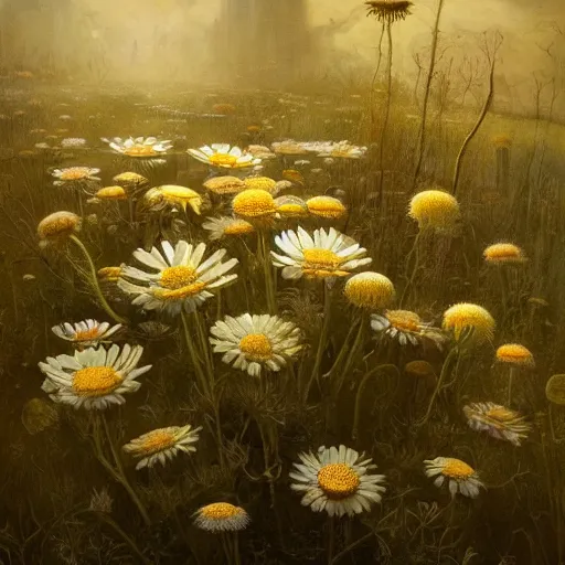 Prompt: a chamomile | highly detailed oil painting, hyperrealistic, very intrincate | cinematic lighting, award - winning | by rachel ruysch, giger, beksinski and bocklin | by austin osman spare and william blake, trending on artstation, cgsociety, official art, octane.