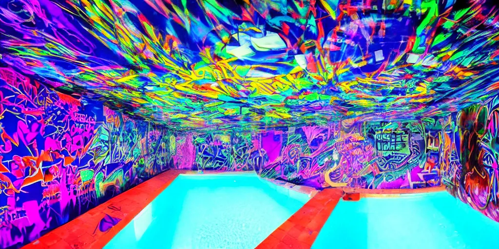 Image similar to backflip into a pool caustics lighting impressive colorful masterpiece graffiti hyper perspective