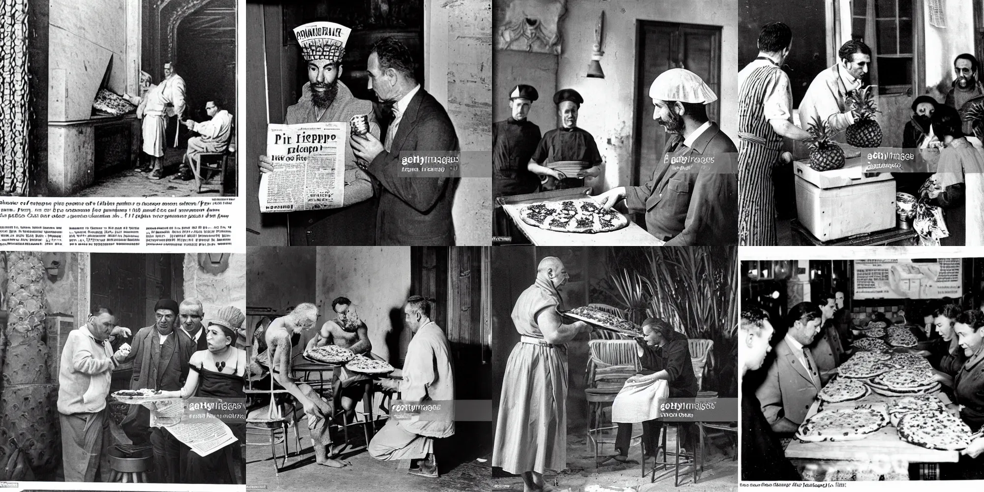 Prompt: The first italian being forced to watch as pineapple is applied to pizza, historic photo, black and white, newspaper photo