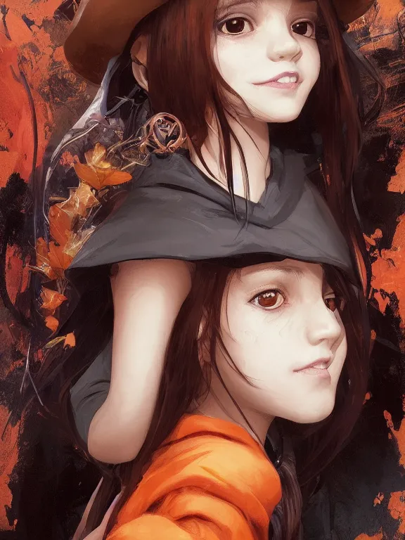 Image similar to Full shot of a cute mischievous young witch about to get up to some trouble. Latin American fashion. Black and Orange palette. Latina girl. brown skin. Symmetrical facial features. By Ruan Jia and Artgerm and Range Murata and WLOP. Key Art. Fantasy Illustration. award winning, Artstation, intricate details, realistic, Hyperdetailed, 8k resolution.