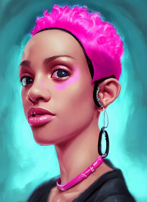 Image similar to portrait of teenage vanessa morgan with bright pink hair, black girl, curly pixie cut hair, wearing newsboy cap, pink short haircut, newsboy cap, hoop earrings, blue eyes, intricate, elegant, glowing lights, highly detailed, digital painting, artstation, concept art, smooth, sharp focus, illustration, art by wlop, mars ravelo and greg rutkowski