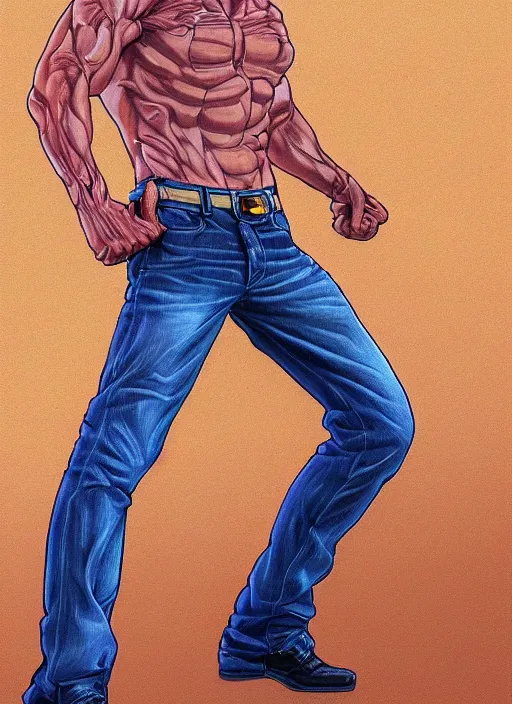 Prompt: Portrait of Onizuka from GTO wearing only jeans , masculine and muscular, both fist closed, intricate body, whole body highly detailed, digital painting, artstation, concept art, smooth, sharp focus, illustration, art by Hajime Sorayama