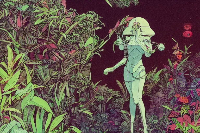 Image similar to gigantic woman head, a lot of exotic vegetation around, trees, tremendous mecha robot, flowers, risograph!, oldschool vintage sci - fi flat surreal design, super - detailed, painting by moebius and satoshi kon