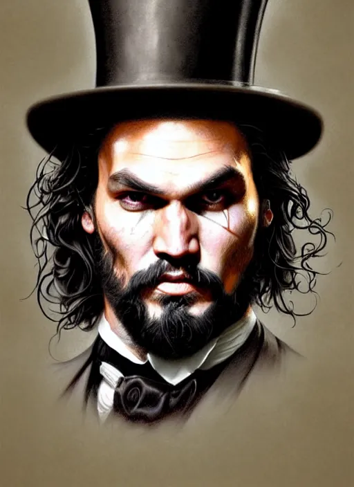 Image similar to portrait of jason mamoa wearing a top hat, victorian, concept art, detailed face, fantasy, close up face, highly detailed, cinematic lighting, digital art painting by greg rutkowski