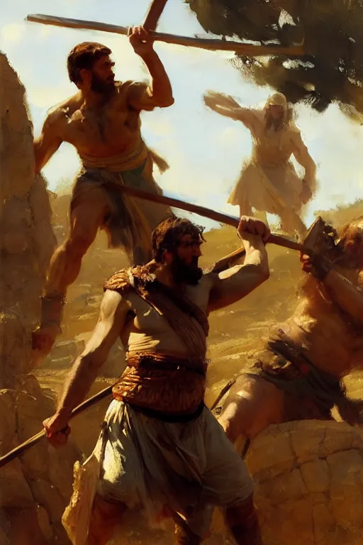 Image similar to ancient biblical israeli young man david slinging a stone at the philistine giant goliath of gath in battle by anders zorn, wonderful masterpiece by greg rutkowski, beautiful cinematic light, by greg manchess, jessica rossier