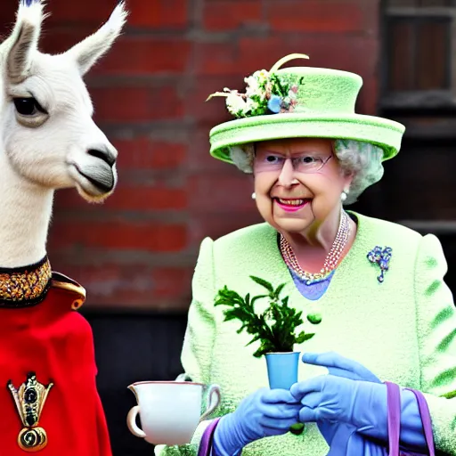 Image similar to a llama having tea with the queen, 8k, award winning photo