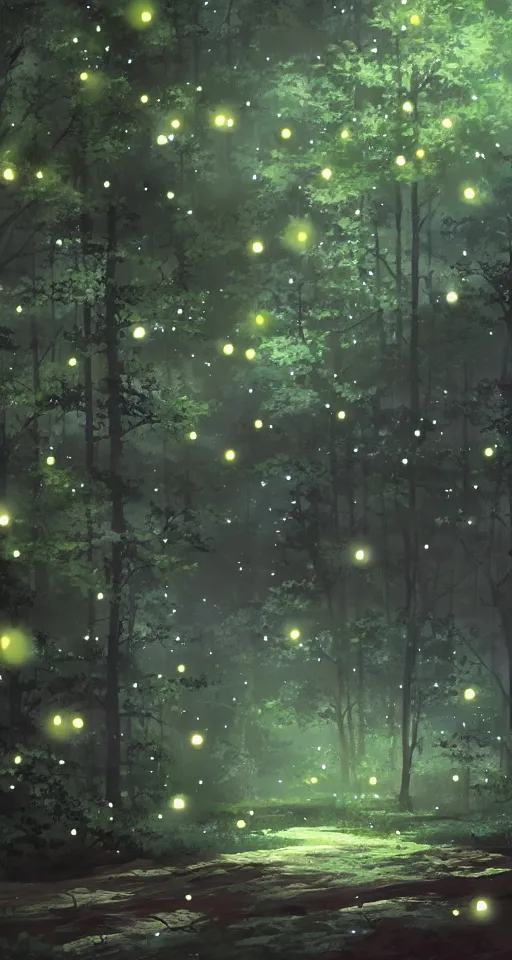 Image similar to fireflies in the forest by makoto shinkai, animation background, finely detailed