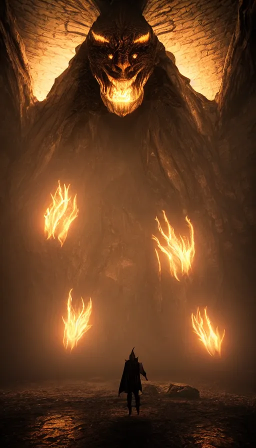 Prompt: The Balrog of Moria with black shadow wings, portrait shot, epic, cinematic lighting, Unreal Engine 5, film key art, CKGoksoy, Bloom, dramatic lighting