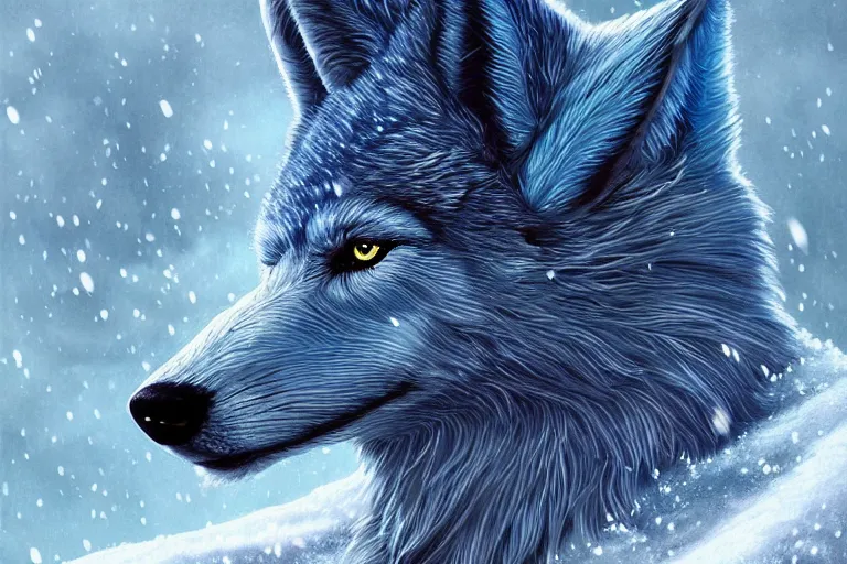 Image similar to blue wolf with wings, facing front, regal, elegant, winter, snow, beautiful, stunning, hd, illustration, epic, d & d, fantasy, intricate, elegant, highly detailed, digital painting, artstation, concept art, smooth, sharp focus, illustration, wallpaper, art by artgerm and greg rutkowski and alphonse mucha and jin xiaodi