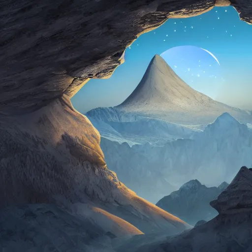 Prompt: a photorealistic mountain that is in the shape of a crescent moon, on the inside of the crescent there are numerous areas each with a unique theme and environment, highly detailed, digital art, 3d, 4k