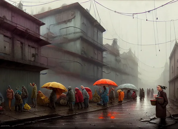 Image similar to waiting in line for cold soup by simon stalenhag and gil elvgren and tom bagshaw and marc simonetti and quint buchholz and jan miense molenaer, slums, highly detailed, hyperrealism, dreary, cold, cloudy, grey, smog, high contrast, solarpunk, high saturation