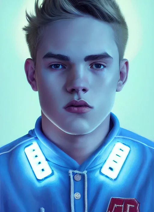 Image similar to portrait of high school senior boy named big moose, blonde short hair, jock, beefy, wide face, square jaw, square facial structure, blue varsity jacket with letter r, intricate, elegant, glowing lights, highly detailed, digital painting, artstation, concept art, sharp focus, illustration, art by wlop, mars ravelo and greg rutkowski