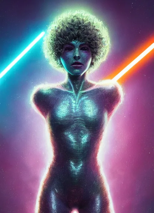 Image similar to glowwave portrait of a curly hair alien from star wars, au naturel, hyper detailed, digital art, trending in artstation, cinematic lighting, studio quality, smooth render, unreal engine 5 rendered, octane rendered, art style by klimt and nixeu and ian sprigger and wlop and krenz cushart.
