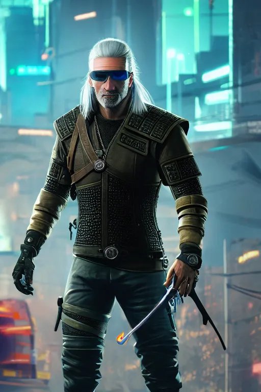 Prompt: geralt of rivia wearing futuristic leather jacket and futuristic goggles, geralt of rivia wielding a neon broadsword, cyberpunk 2 0 7 7, medium shot, background is filled with neon lights and futuristic vehicles, trending on artstation, ultra realistic, 4 k