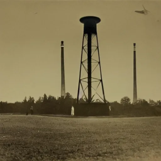 Prompt: 1 9 0 1 photo of nikola tesla wardenclyffe tower and ufo flying fast over in the distance