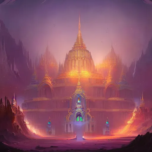 Image similar to grand palace temple for leader of galactic empire by peter mohrbacher, vivid colors, matte painting, 8K, concept art, mystical color scheme, trending on artstation