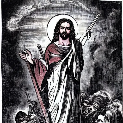 Image similar to jesus with guns killing demons