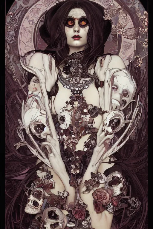 Image similar to a painting of a beautiful death goddess, adorned with skulls and bones, full face, full body, by artgerm and Alphonse Mucha, highly detailed, octane trending on artstation