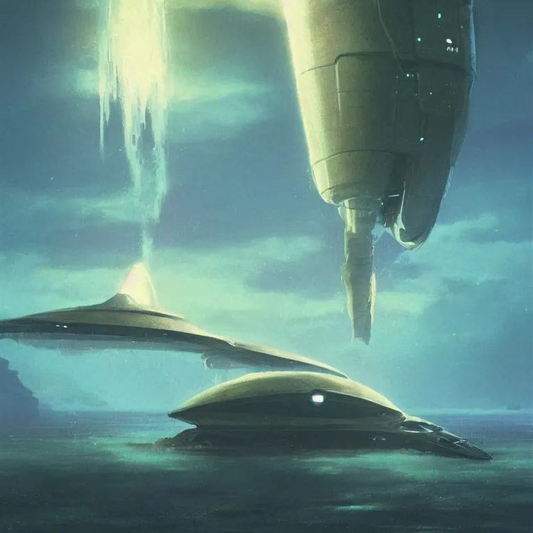 Image similar to mechanical nautilus spaceship dripping wet rising from a the ocean, sci - fi concept art, by john harris, by simon stalenhag, by vincent di fate, stunning, award winning