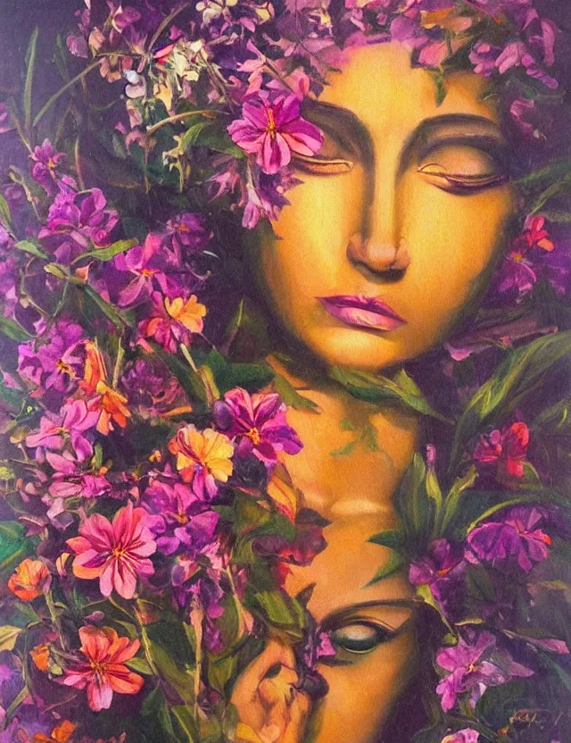 Prompt: androgynous deity of light and flowers. this oil painting by the beloved art noveau painter has interesting color contrasts, plenty of details and impeccable lighting.