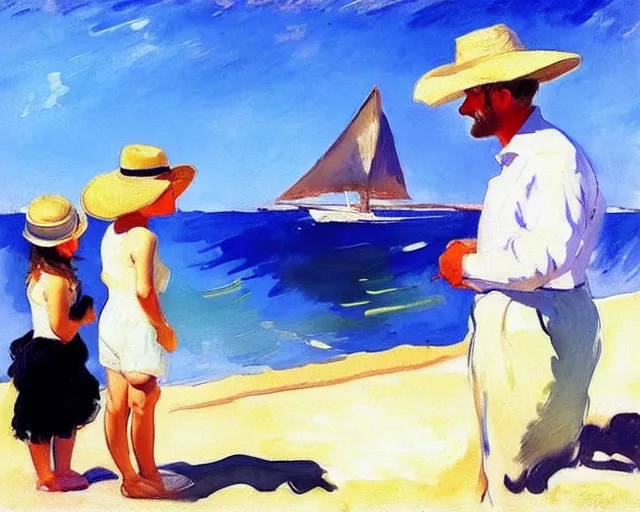 Image similar to a couple and a girl toddler on a beach in sardinia looking at a sailing boat, the man is wearing a panama hat, the woman has long dark hair, white sand, blue sky, summer, white and blue, painting by joaquin sorolla