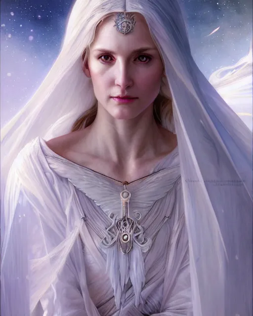 Image similar to realistic portrait of a beautiful white witch, bright, beautiful, heroic pose, beautiful face, magic, dramatic lighting, intricate, wild, highly detailed, digital painting, artstation, concept art, smooth, sharp focus, illustration, art by artgerm and greg rutkowski and alphonse mucha, footage from space camera