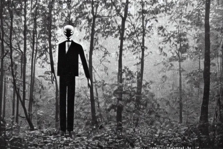 Image similar to 1975 photo of slenderman in the forest, night, detailed