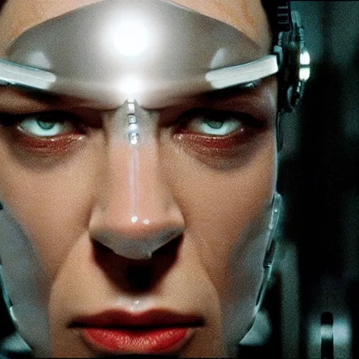Prompt: movie still of cyborg with glowing third eye, cinematic composition, cinematic light, criterion collection, by the coen brothers