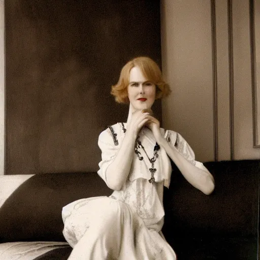 Image similar to a beautiful full body portrait of a young nicole kidman, wearing 1 9 2 0's clothes, demure, she is laying on a couch, artist john sargent,