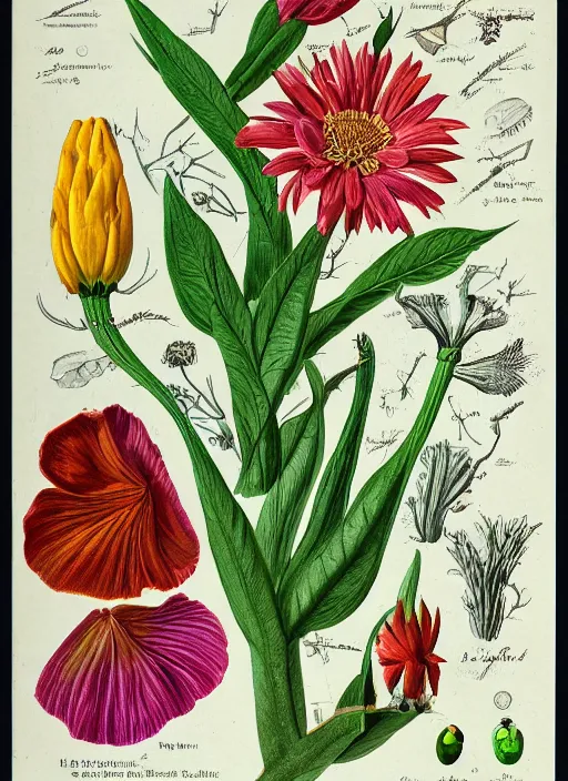 Image similar to fantasy scientific botanical illustration of colorful flower with a female mouth