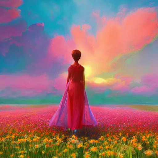 Prompt: standing under giant daisy flower covering head, full body girl standing in a flower field, surreal photography, sunrise, dramatic light, impressionist painting, colorful clouds, digital painting, artstation, simon stalenhag