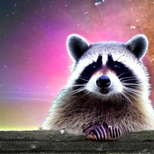 Image similar to cosmic raccoon, poorly photoshopped, meme template